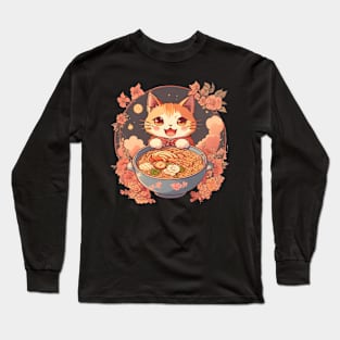 Happy Kawaii Vintage Style Japanese Ramen Cat Long Sleeve T-Shirt
